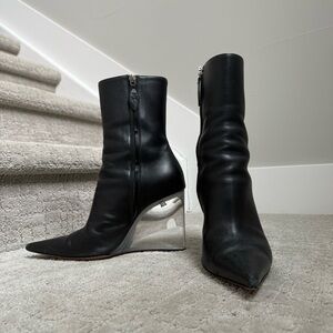 Amina Muaddi Pernille Black Leather Clear Heel Boots